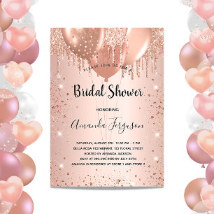 Bridal Shower rose gold glitter drops balloons Invitation Postcard