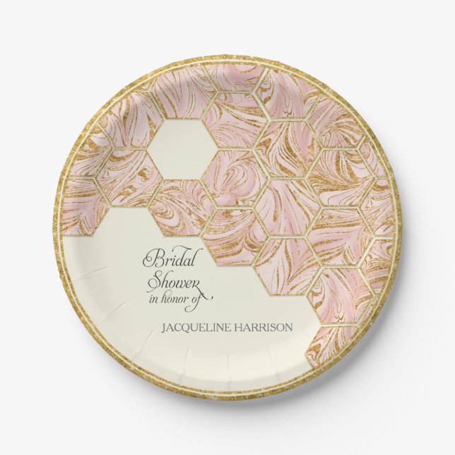 Bridal Shower Rose Gold Glitter Marble Hexagonal Paper Plate (Front)