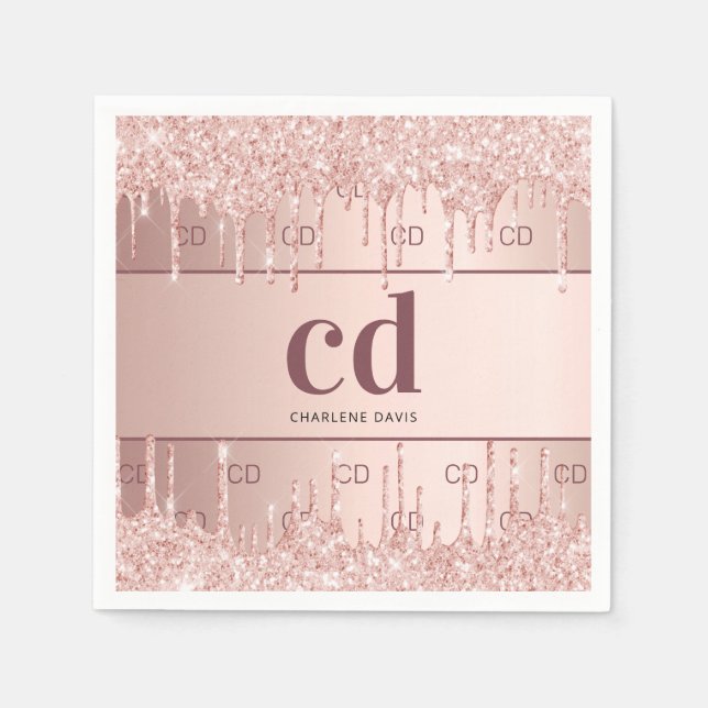 Bridal shower rose gold glitter monogram initials napkin (Front)