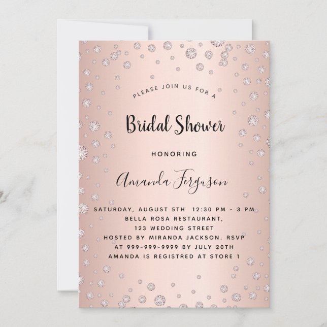 Bridal shower rose gold pink diamonds glamourous invitation (Front)