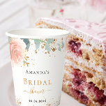 Bridal Shower rose gold pink floral eucalyptus  Paper Cups<br><div class="desc">For an elegant bridal shower. A chic white background. Decorated with rose gold and blush pink florals,  flowers (roses)and green watercolored eucalyptus leaves,  sprigs,  greenery and faux gold sprigs. Golden glitter dust. Personalise and add a name and a date. Black and golden letters.</div>