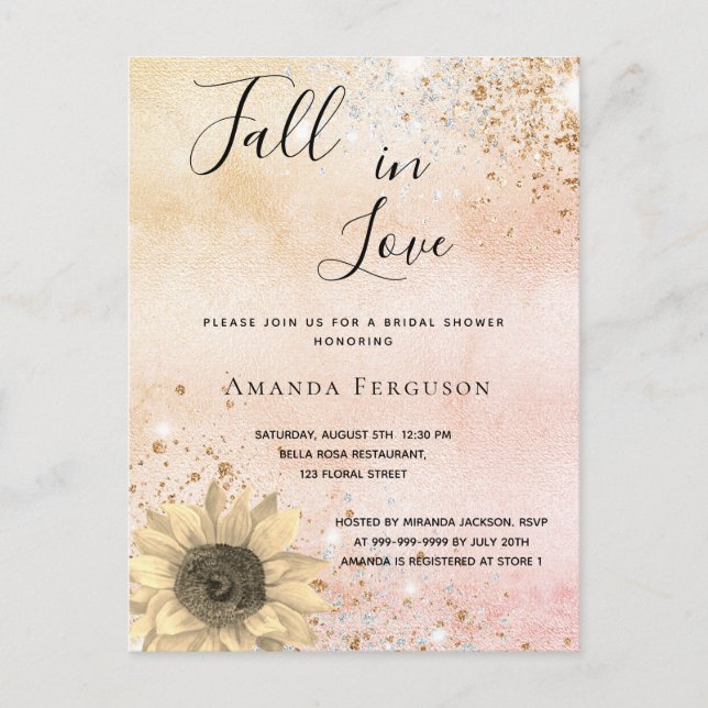 Bridal shower rose gold rustic sunflower fall invitation postcard (Front)