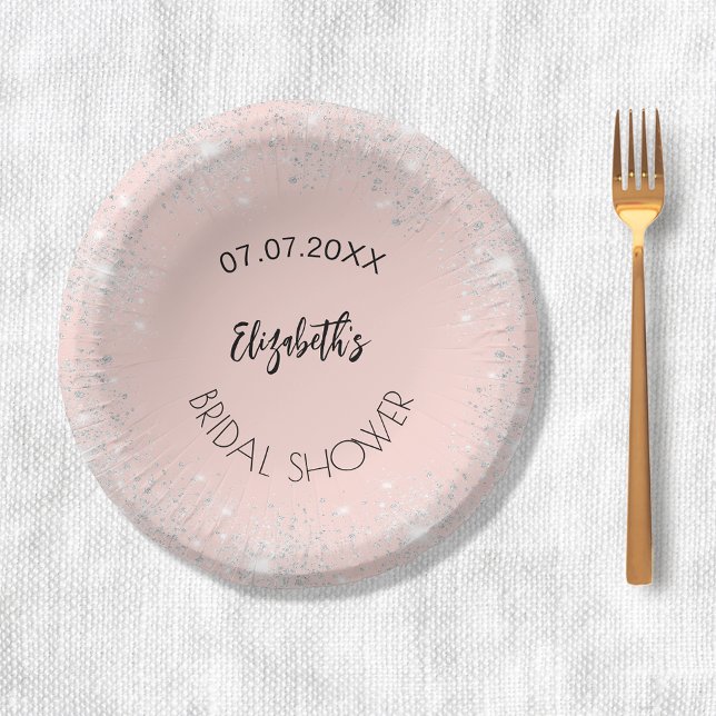 Bridal Shower rose gold silver name Paper Plate (Creator Uploaded)