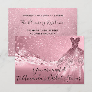 Bridal Shower Rose Pink Dress Glitter Ocean Invitation