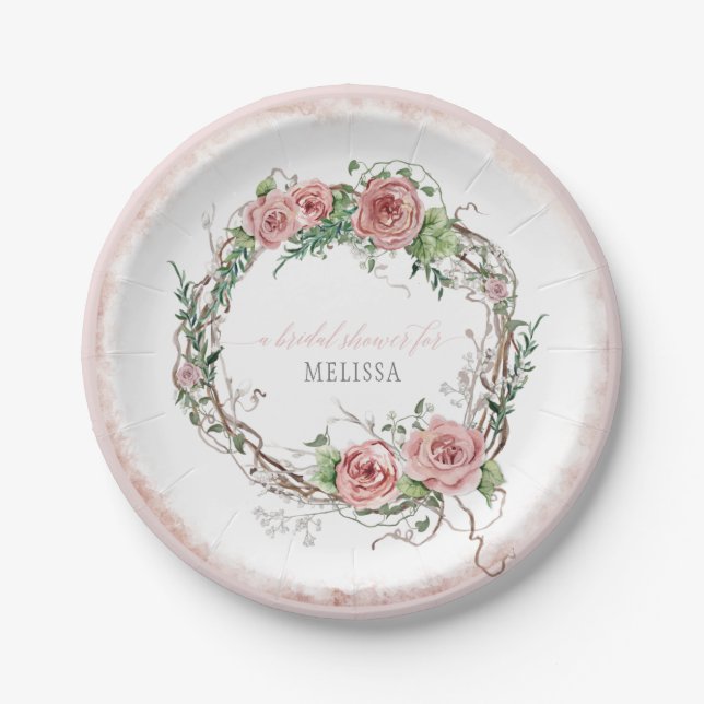 Bridal Shower Rustic Boho Wreath Rose Branch Leaf Paper Plate (Front)