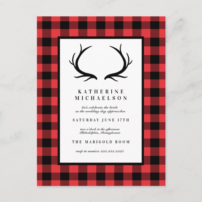 BRIDAL SHOWER | Rustic Deer Buffalo Checks Postcard (Front)