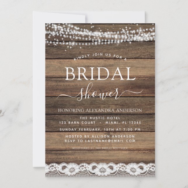 Bridal Shower Rustic Farmhouse String Lights Lace Invitation