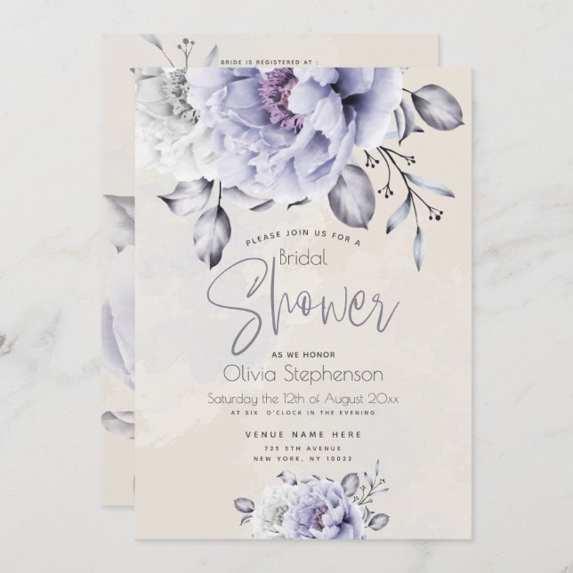 Bridal Shower | Rustic Lilac and Alabaster Peony Invitation (Front/Back)