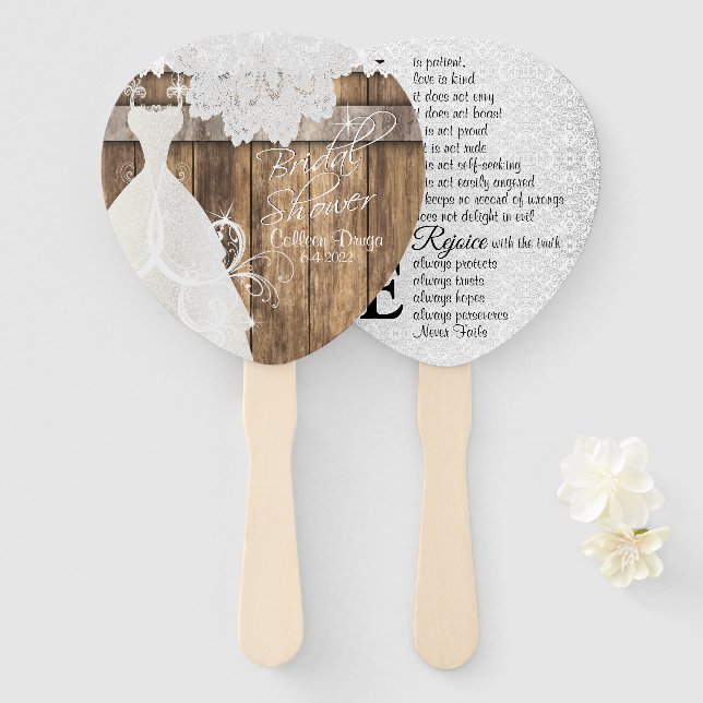 Bridal Shower Rustic Wood and Lace Design  Hand Fan (Front and Back)