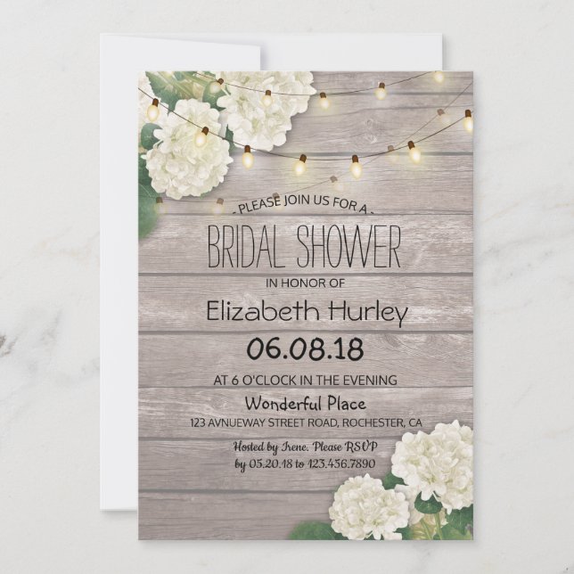 Bridal Shower Rustic Wood Hydrangea Flowers Lights Invitation (Front)