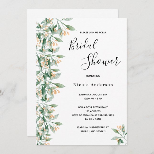 Bridal Shower sage green golden botanical white Invitation (Front/Back)
