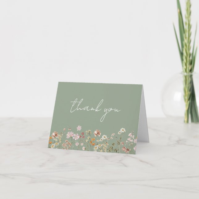Bridal Shower Sage Green Meadow Wildflower Thank You Card (Front)