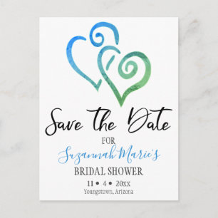 Bridal Shower Save The Date Blue Green Hearts Anno Announcement Postcard