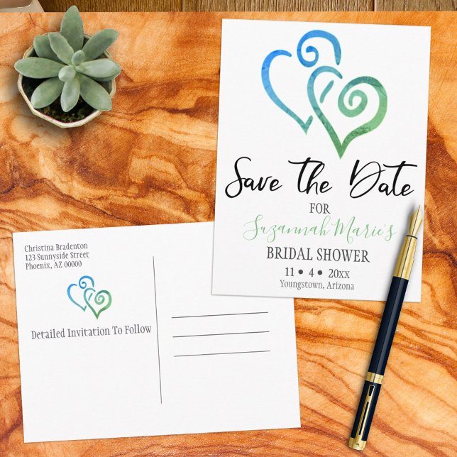 Bridal Shower Save The Date Blue Green Hearts Announcement Postcard (Save the Date template post card front and back)