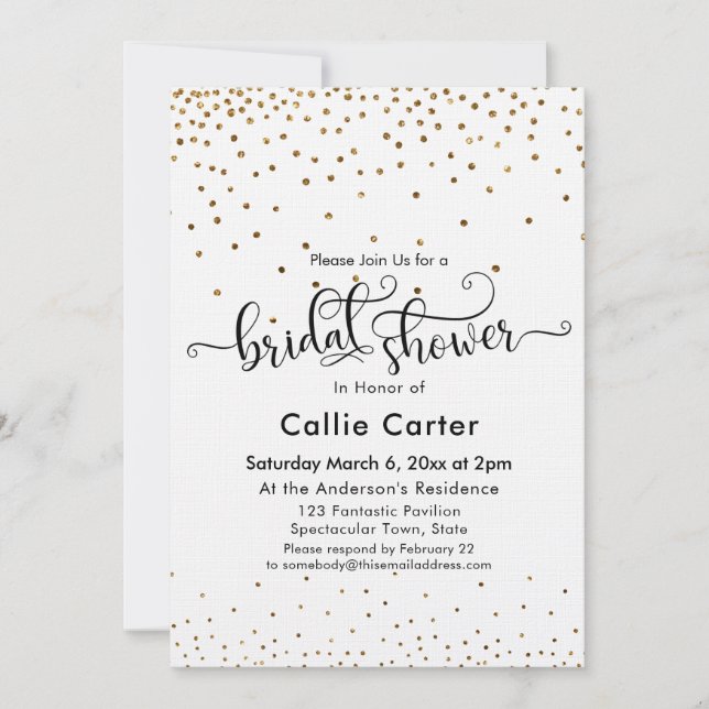 Bridal Shower Script Typography Gold Confetti Invitation (Front)