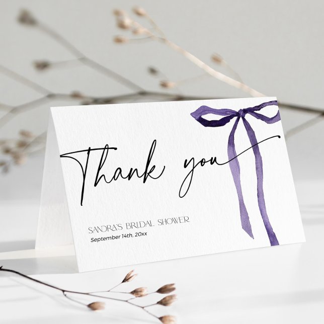 Bridal Shower She is tying the Knot Purple Bow Thank You Card (Thank you card with hand drawn purple bow)