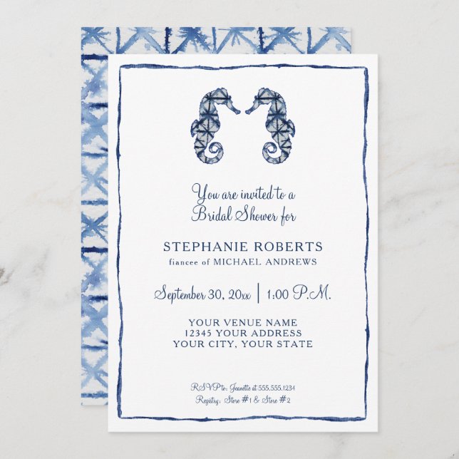 Bridal Shower Shibori Seahorses Ocean Beach Shore Invitation (Front/Back)