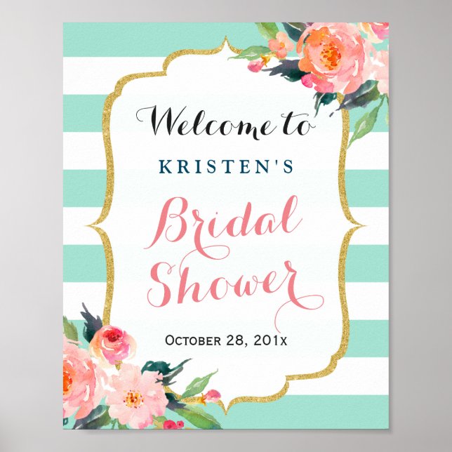 Bridal Shower Sign Modern Floral Mint Green Stripe (Front)