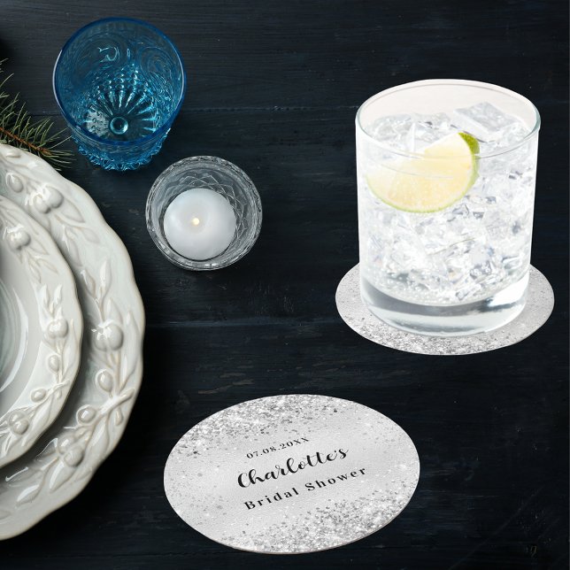 Bridal shower silver elegant confetti round paper coaster (Creator Uploaded)