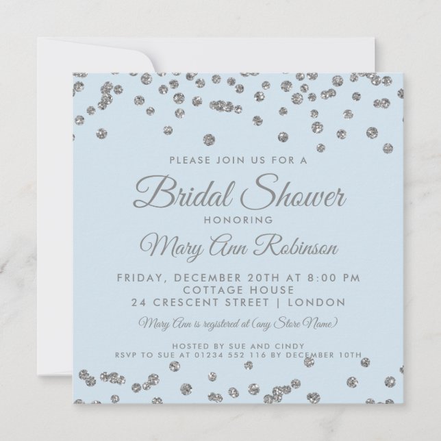 Bridal Shower Silver Glitter Confetti Ice Blue Invitation (Front)
