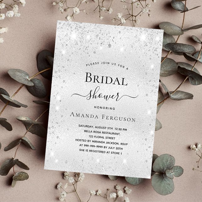 Bridal shower silver glitter metal modern elegant invitation postcard (Creator Uploaded)