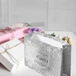 Bridal Shower silver name Large Gift Bag<br><div class="desc">A gift bag for a girly and glamourous Bridal Shower.  A faux silver looking background decorated with faux silver confetti,  sparkles. Personalise and add a date,  name . The name is written with a modern hand lettered style script.</div>