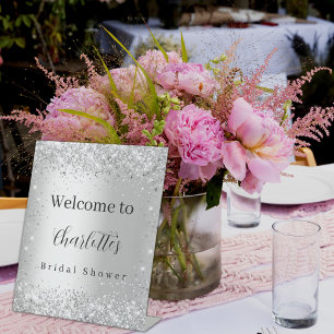 Bridal Shower silver name script welcome Pedestal Sign