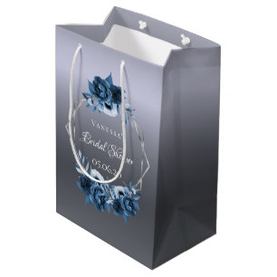 Bridal Shower silver navy blue florals geometric Medium Gift Bag
