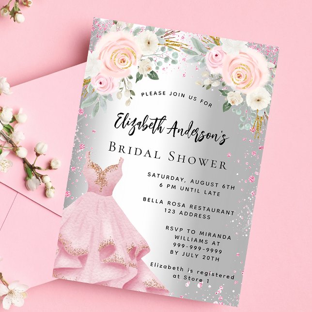 Bridal Shower silver pink dress glitter glamourous Invitation Postcard (Creator Uploaded)