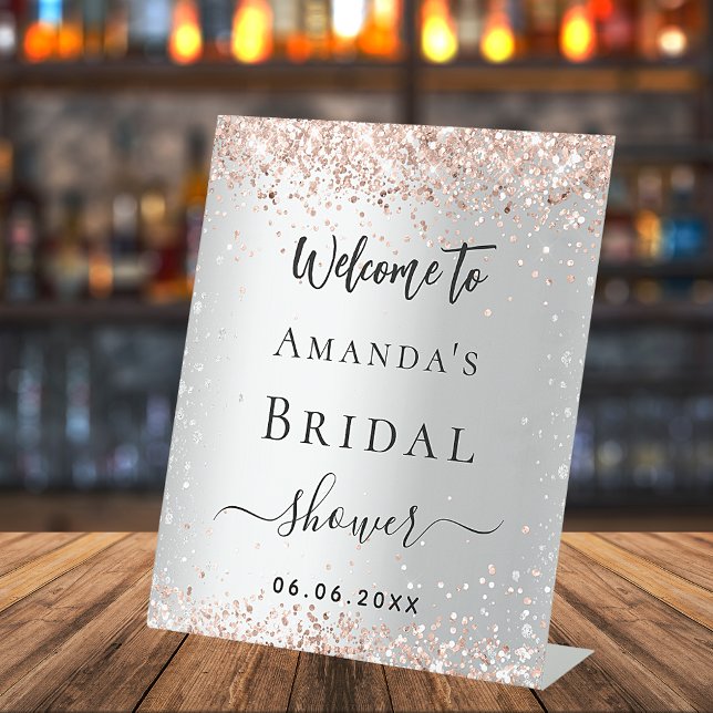 Bridal Shower silver rose gold glitter welcome Pedestal Sign (Creator Uploaded)