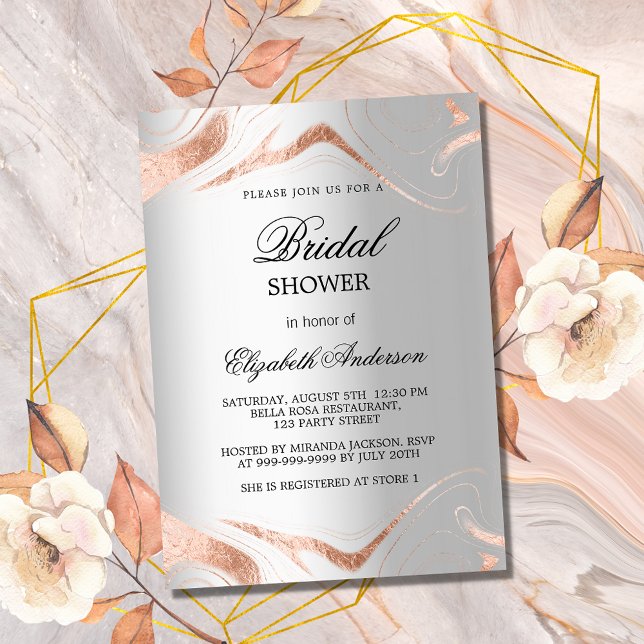 Bridal shower silver rose gold marble elegant invitation postcard (Creator Uploaded)