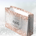 Bridal Shower silver rose gold name Large Gift Bag<br><div class="desc">A faux silver looking background decorated with rose gold faux confetti,  sparkles. Personalise and a date,  and the bride's name.</div>