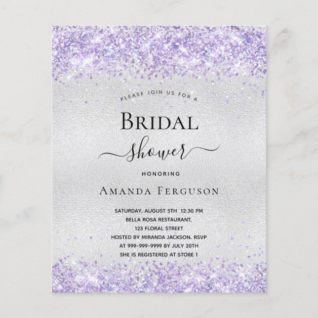 Bridal shower silver violet budget invitation flyer (Front)