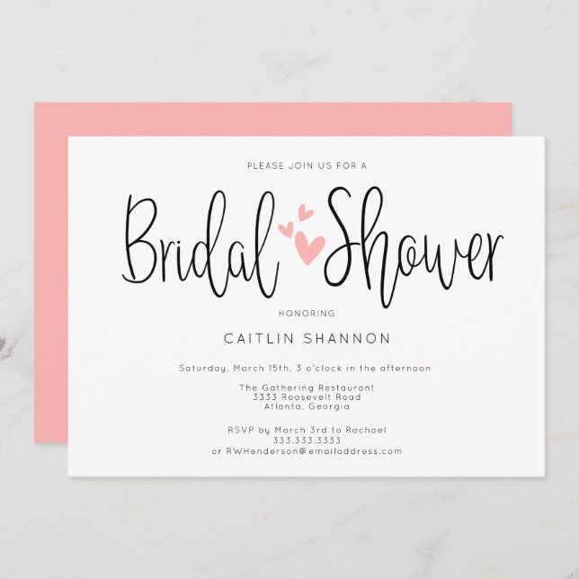 Bridal Shower Simple Black White Pink Invitation (Front/Back)