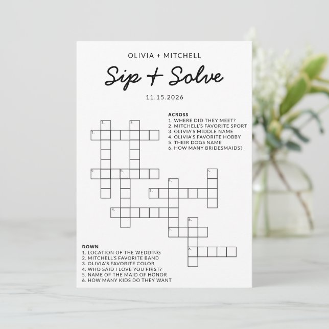 Bridal Shower Sip and Solve Fun Crossword Game Advice Card (Standing Front)