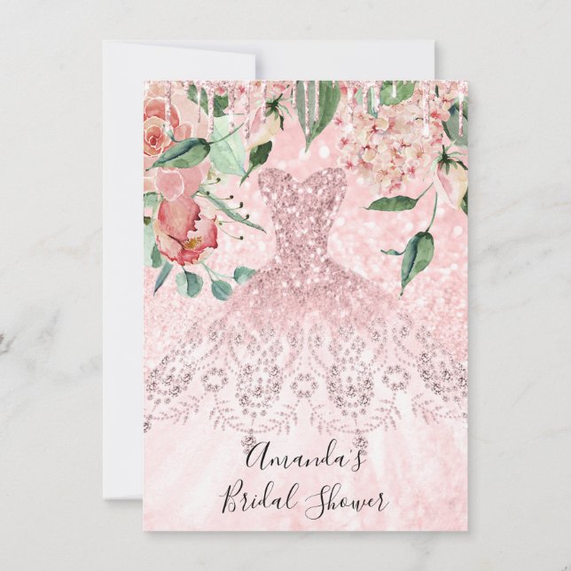 Bridal Shower Spark Rose Pink Rose Dress Glitter Invitation (Back)