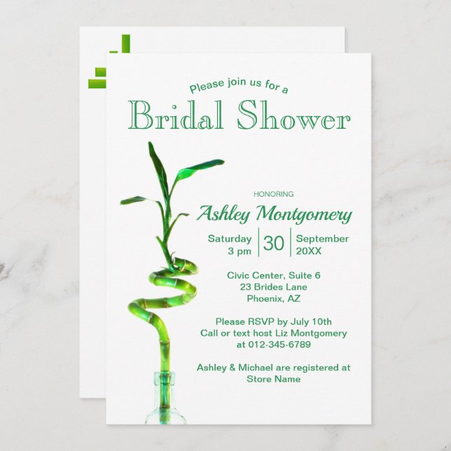 Bridal Shower Spiralled Lucky Bamboo Over White Invitation (Front/Back)