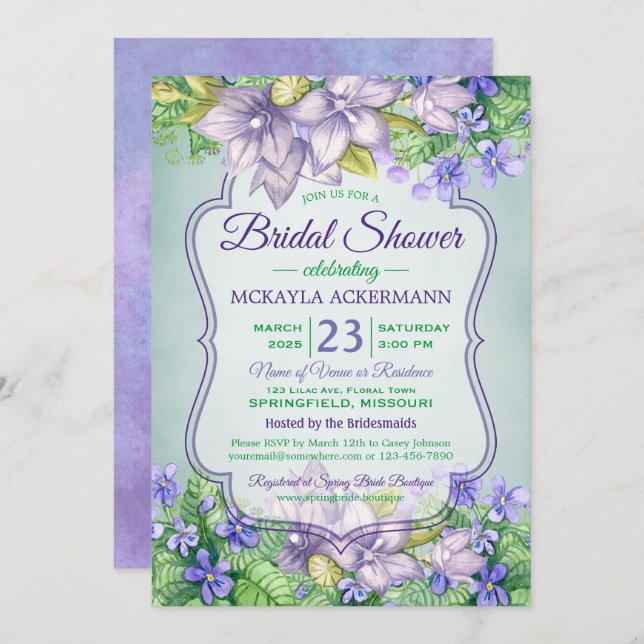 Bridal Shower Spring Wedding Watercolor Violets Invitation (Front/Back)