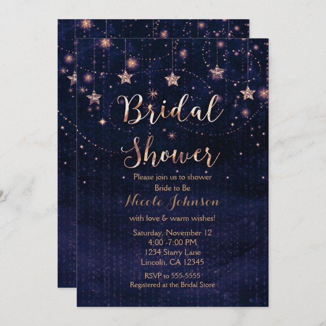 Bridal Shower Starry Night Whimsical Purple Gold Invitation (Front/Back)