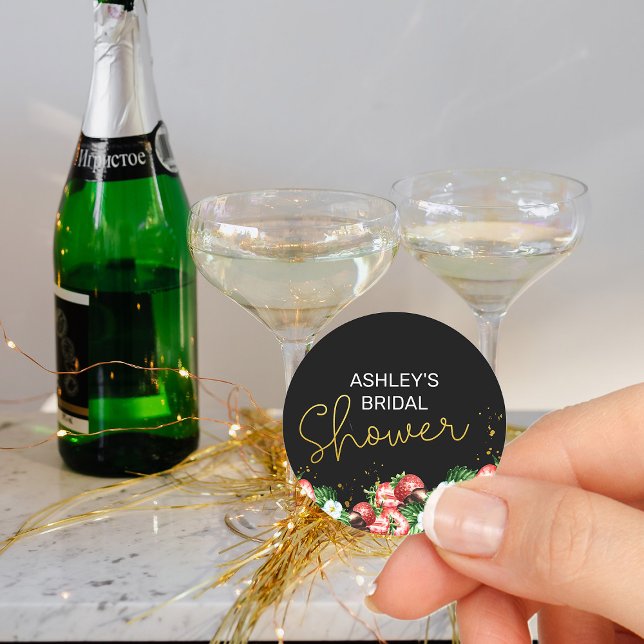 Bridal Shower Strawberries and Flowers Classic Round Sticker (Bridal shower stickers from my Strawberries and Champagne bridal shower collection)