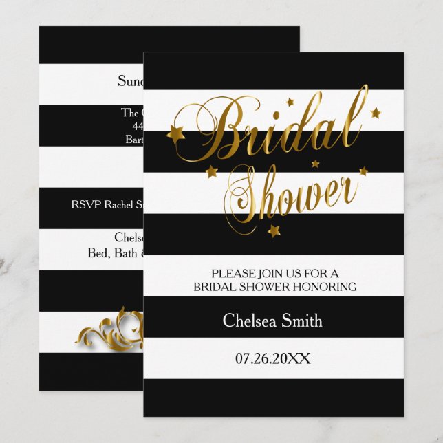 Bridal Shower - Stripes With Gold Lettering Invitation (Front/Back)