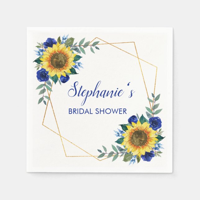 Bridal Shower Sunflower Blue Floral Geometric Napkin (Front)