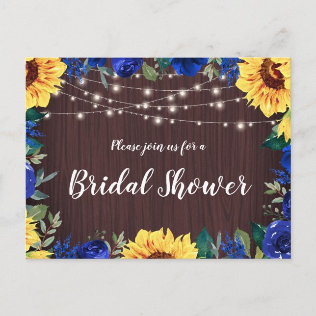Bridal Shower Sunflower Blue Floral Lights Wood Invitation Postcard (Front)