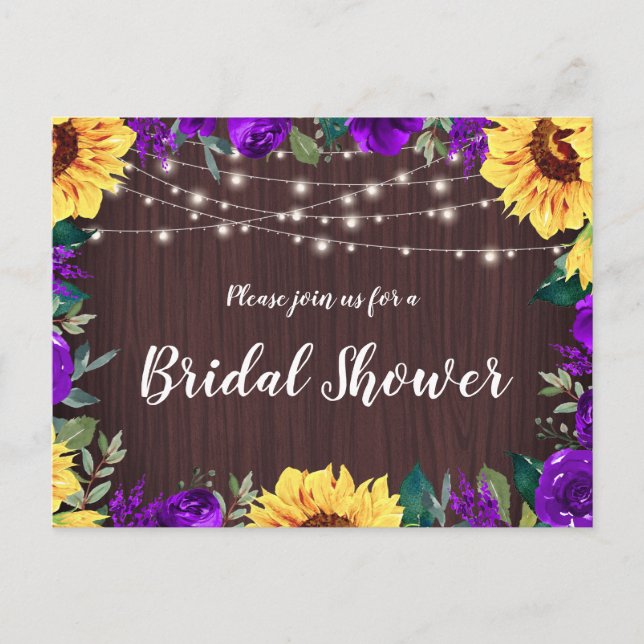 Bridal Shower Sunflower Purple Floral Lights Wood Invitation Postcard (Front)