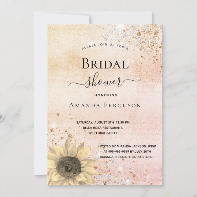 Bridal shower Sunflower rose gold rustic glitter Invitation (Front)