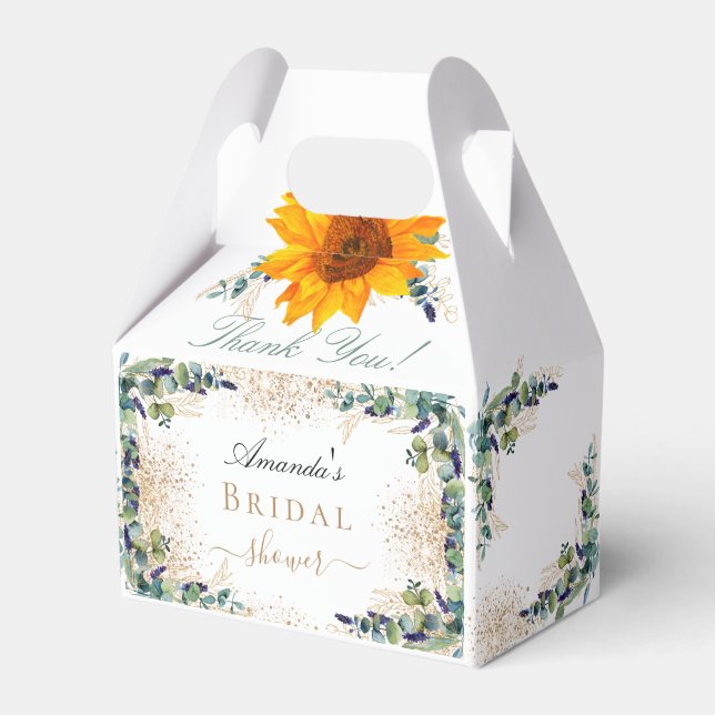 Bridal shower sunflowers eucalyptus gold glitter favour box (Front Side)