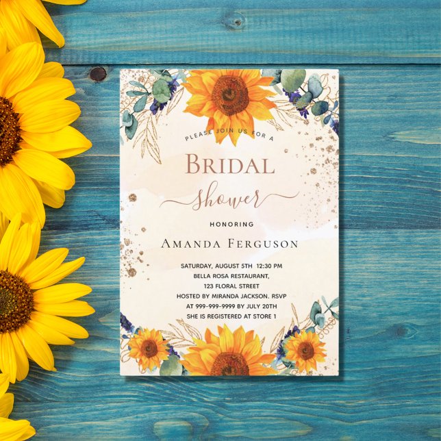 Bridal Shower sunflowers eucalyptus gold glitter Invitation (Creator Uploaded)