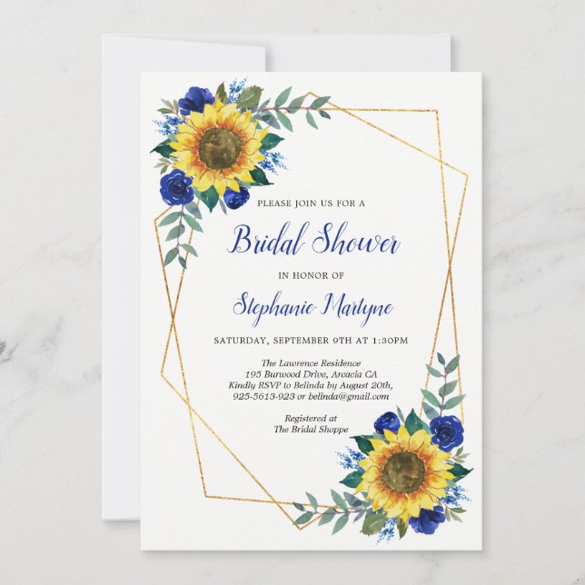 Bridal Shower Sunflowers Geometric Floral Blue Invitation (Front)