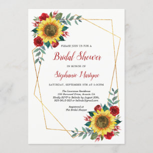 Bridal Shower Sunflowers Geometric Floral Red Invitation
