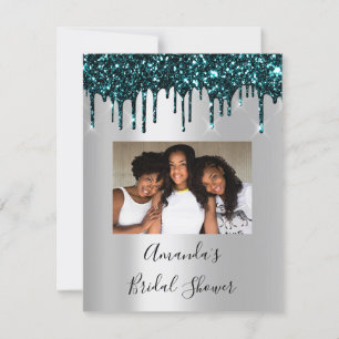 Bridal Shower Sweet 16th Drips Silver Teal Photo Invitation